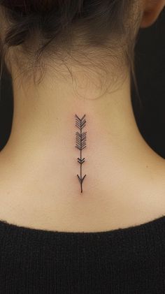 Small minimalist arrow tattoo on the left side of a female neck, in black ink, showcasing delicate lines and subtle details, effortlessly enhancing her elegance, with no inscriptions in the image.