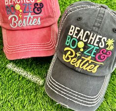 ️ Beaches Booze & Besties Hat - Baseball Cap or Hat! Distressed  * Pink  * Black * Light Turquoise  * Light Khaki Great gift for friends! ️ Beach Hat, Vacation, Baseball Hat, Cap, Lake, Crazy Hair, Trucker Hat, Mom, Mother, Mother's Day.... VACAY ALL DAY with your besties! 😎☀️ Summer Multicolor Hats With Letter Print, Multicolor Summer Hats With Letter Print, Summer Multicolor Letter Print Hats, Multicolor Letter Print Summer Hat, Multicolor Curved Brim Hat With Letter Print, Beach Snapback Visor Hat With Letter Print, Fun Brimmed Hats For Beach Season, Beach Visor Hat With Letter Print, Fun Brimmed Beach Hat