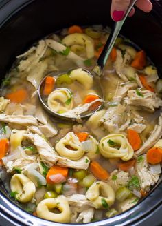 a ladle full of chicken noodle soup with carrots and celery