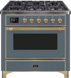 a gray and gold stove with four burners