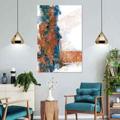 an abstract painting hangs on the wall in a living room with blue chairs and potted plants