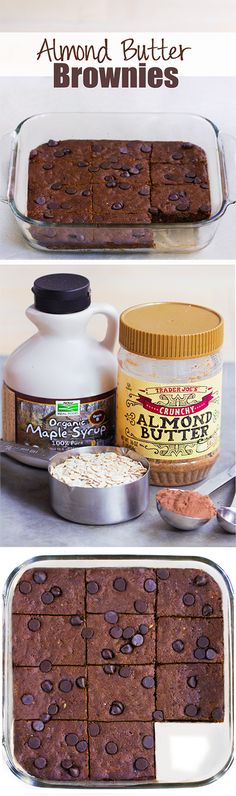 chocolate brownies with almonds and peanut butter in the middle are shown on a baking sheet