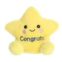 a yellow stuffed star with the word congrats written on it