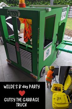 there is a green and yellow cart with orange items in it that says wilde's 8 - day party gutsy the garbage truck