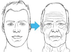 two men with different facial expressions, one is drawn in blue and the other has an arrow