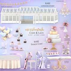 a cake and ice cream shop is shown in this graphic art work with pastel colors