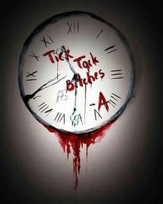 a clock with the words tick and bakes painted on it's face in red ink