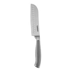 a large knife with a black handle on a white background