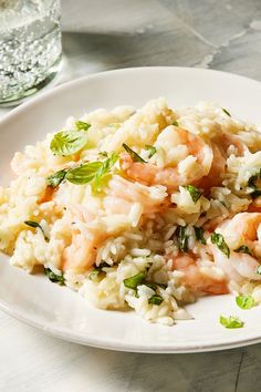 shrimp and rice on a white plate with water in the backgroung area