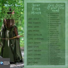 a woman dressed in green holding a bow and arrow with the words what's your eleven name?