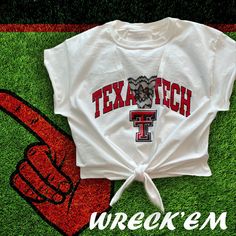 "White Tech crop game day tee with a black lace Depth of v-neck is 7 inches 100% cotton tee The bottom of tee is a raw hem with a front tie, and the sleeves are cut to have a raw hem as well.   Measurement: about 23\" from the back of the neck to hem in the back on a size medium. If you would like any changes, please message me.  I will be more than happy to customize your tee!" Texas Tech Shirts, University Shirt, College Shirts, Tech Shirt, Texas Tech, Crop Tee, Dye T Shirt, Game Day, Tshirt Logo