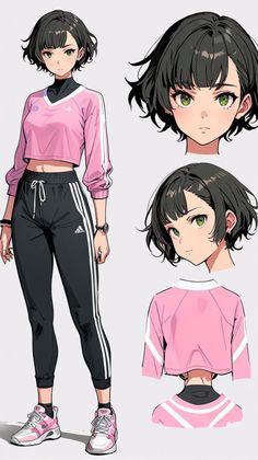 an anime character with black hair and green eyes, wearing pink shirt and sweatpants