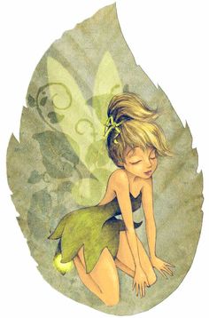 a drawing of a little fairy sitting on top of a leaf with her eyes closed