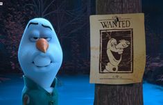 a cartoon character next to a tree with a wanted sign on it's side