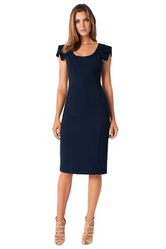 The sophisticated Amelie Sheath dress is cut from our Double Face Viscose blend. Origami folded sleeves offer a unique touch to this fitted lady-like pencil sheath. Fully lined with center back hidden zipper. Dress measures 42 from shoulder. Self: 62% Polyamide, 32% Viscose, 6% Elastane; Lining: 95% Polyamide, 5% Elastane. Dry clean with care. Made in USA of imported materials. Model is 5'10", wearing size 2. Folded Sleeves, How To Fold Sleeves, Black Halo, Zipper Dress, Pacific Blue, Work Attire, Double Face, Pencil Dress, Office Fashion