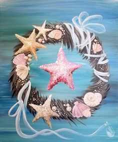 a painting of a wreath with starfishs and seashells