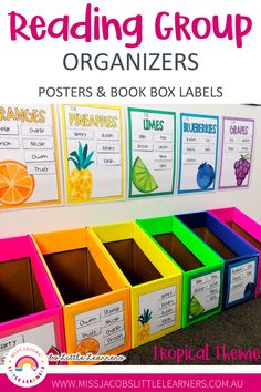 the reading group organizer box labels are organized with colorful boxes to help students read and organize their books