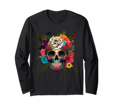 a skull with flowers on it's head is wearing a black t - shirt