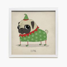 a painting of a pug wearing a green sweater