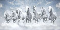 a group of white horses running through the air with clouds in the sky behind them