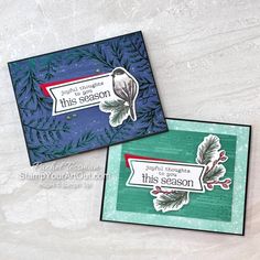 two cards with christmas sayings on them, one is blue and the other is green