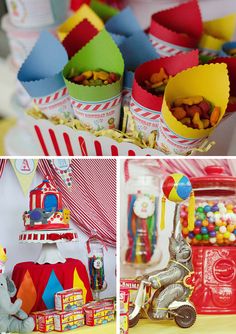 several different pictures of toys and food at a carnival or birthday party, including cupcakes