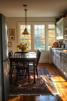 Americana House Aesthetic, French Country Victorian, Mid Century Modern English Cottage, Small Dining Room In Kitchen, Townhouse Home Decor, 1890 Home Interiors, Traditionalism Aesthetic, All Creatures Great And Small Kitchen, Fall Decorations For Kitchen