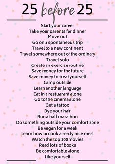 Bucket lists for different stages in your life are a great idea because they make lifetime bucket lists more achievable and it means life won't pass you by. Do these 25 things before turning 25! Everyday To Do List Ideas, 16 Before 16 Bucket List, Things To Do In Life Bucket Lists, Things To Do Before 25 Turning 25, Before Turning 20 Bucket Lists, Personal Growth Bucket List, Things To Achieve In Life, Do Something New Everyday List, Beauty Bucket List