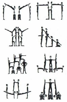 some people doing different things with their arms and legs in various positions, including one standing on