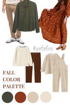 the fall color palette is brown, green, and white with an orange shirt on top