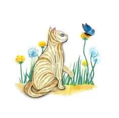 a card with a cat sitting in the grass and a blue butterfly flying over it