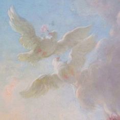 two white doves flying in the sky with pink and blue clouds behind them on a sunny day