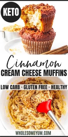 two muffins with cream cheese on top and the words, cinnamon cream cheese muffins low carb - gluen free healthy