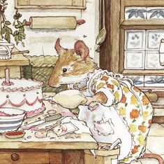 a painting of a mouse sitting at a table with a cake