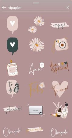 some stickers that are on the back of a cell phone, with words and flowers