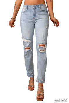 Lasaky - Sky blue ripped mid-rise jeans Mid Waist Jeans, Different Seasons, Jeans Material, Waist Jeans, Mid Rise Jeans, Slim Jeans, Affordable Fashion, Quality Clothing, Sky Blue