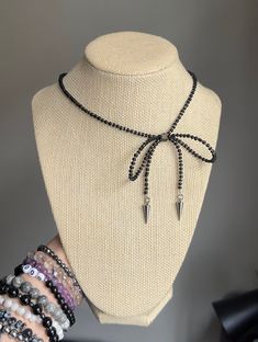 Noir Black Beaded Bow Necklace Grunge Bow Jewelry Coquette Bow Necklace - Etsy Beaded Bow Necklace Tutorial, Seed Bead Bow Necklace, Dainty Adjustable Necklaces With Bow, Bow Necklace Beads, Adjustable Black Ribbon Necklace, Chain Styles