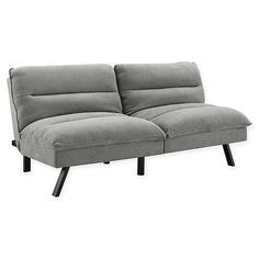 a gray couch with black legs on a white background