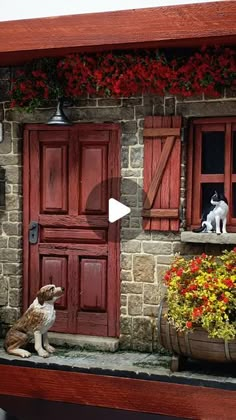 a figurine of a dog sitting in front of a house with red shutters