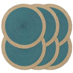 four blue and beige placemats on a white background, each with an oval design