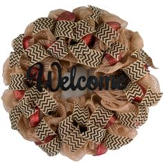 a welcome door wreath with burlocks and bows on it that says welcome in black lettering