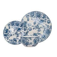 three blue and white plates with flowers on them