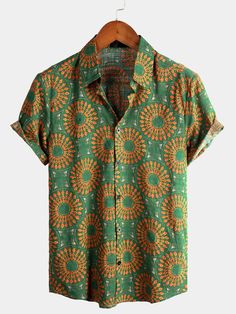 Men's Cotton Leisure Vintage 70s Short Sleeve Shirt – Atlanl 70s Shorts, Hawaiian Design, Floral Hawaiian Shirt, Graduation Outfits, Geometric Vintage, Boho Shirt, Design Stand, Boho Shirts, Boho Designs