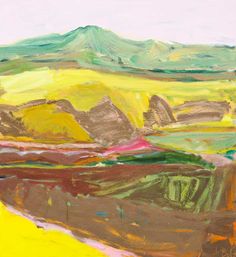 an abstract painting of mountains and fields with green, yellow, red, and blue colors