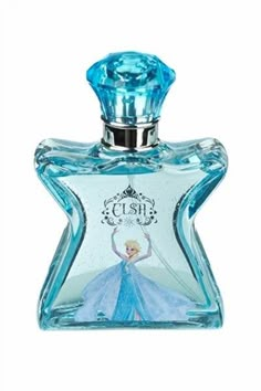 a bottle of perfume with a blue dress on it