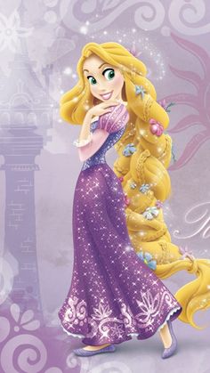 the princess aurora from disney's tangled adventure is shown in front of a purple background