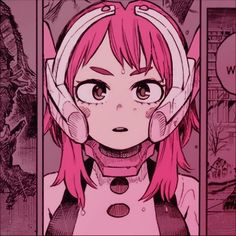 an anime character with pink hair wearing headphones