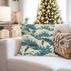 a living room with a christmas tree in the background and a turtle pillow on the couch