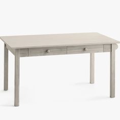 a white table with two drawers on the top and one drawer at the bottom, against a white background