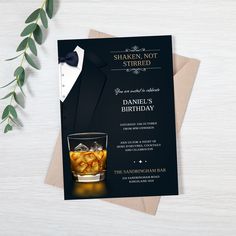 a black and white party card with an image of a glass of whiskey on it